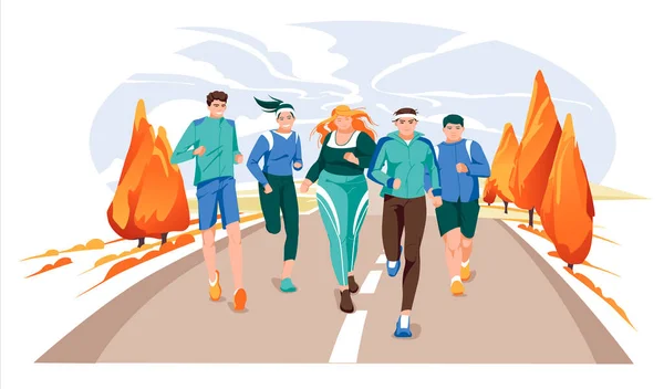 Groupe Course Marathon Dessin Animé Plat Illustration Vectorielle Moderne Courir — Image vectorielle
