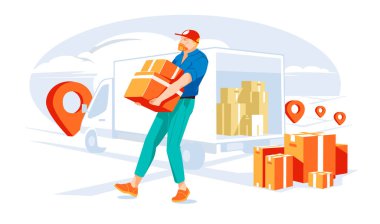 Kamyon teslimatçısı kamyondan kutuları indiriyor. Kutular yerde, kutular kamyonun taksisinde. Şehir caddesinde teslimat noktaları var. Düz vektör karikatür çizimini kavra. Beyaz arkaplanda izole