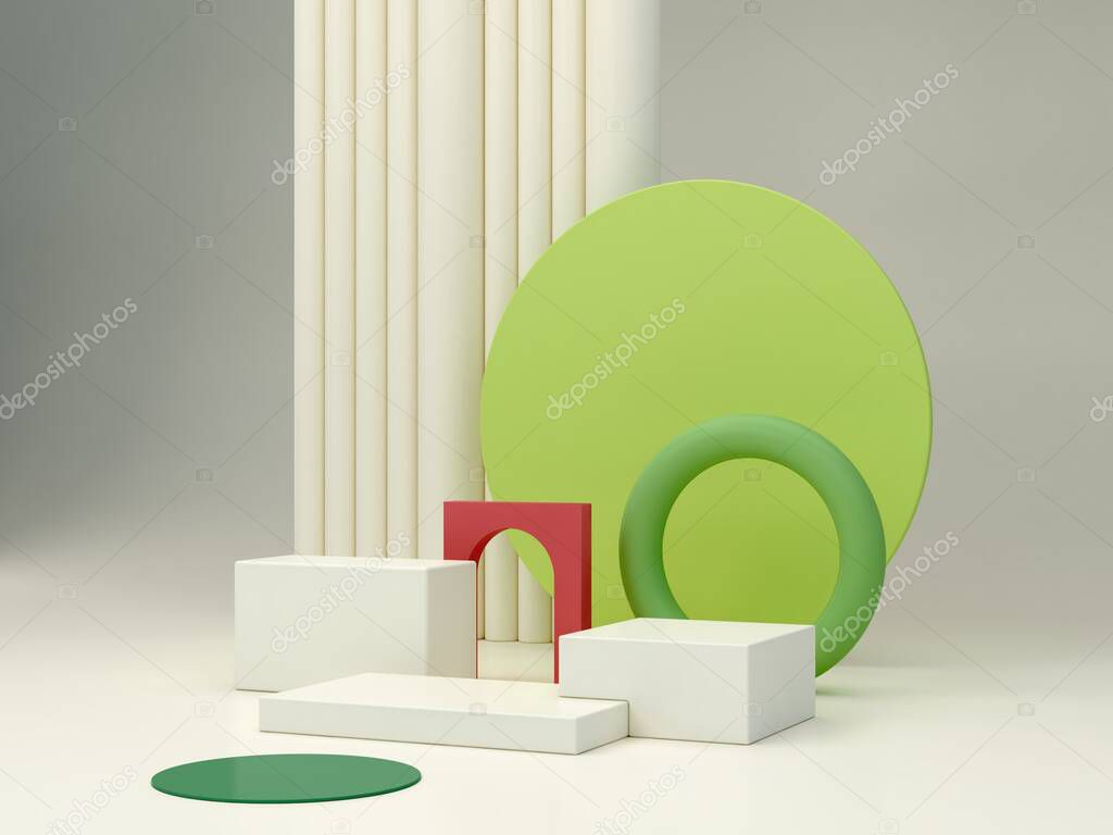 Minimal podium  to show a product with geometrical forms in green, cream and pink colors.  Abstract cosmetic background. Empty scene. Pastel cream minimal wall. Fashion showcase. 3d render. 