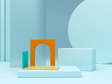 Podyum ve soyut arkaplanı olan en küçük sahne. Mavi pastel renkler sahnesi. Sarı geometrik şekil. Asgari 3D görüntüleme. Geometrik şekilli, mavi arka planlı ve turuncu kemerli bir sahne. 3d hazırlayıcı. 