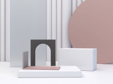 3D görüntüleme, soyut kozmetik arka plan. Ürünü göstermek için en düşük podyum. Geometrik formlu boş bir sahne. Tarafsız pastel renkler asgari duvar. Moda gösterisi, vitrin, dükkan önü.. 