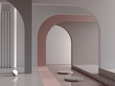 Kemer, podyum ve soyut arkaplan içeren en küçük sahne. Geometrik şekiller. Nötr renk, karanlık sahne ışıklar ve kozmetik ürün için geometrik formlar. Dükkan önü, vitrin, vitrin. 3d hazırlayıcı