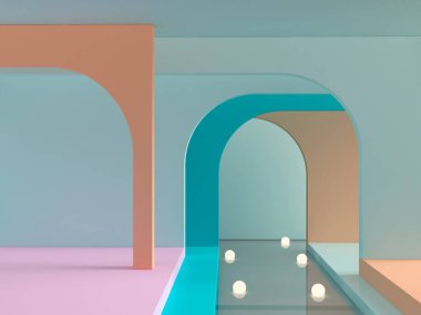 3 boyutlu görüntüleme. Soyut kozmetik arka plan. Bir ürün göster. Kemerler, su ve yerde küresel ışıklar olan boş bir sahne. Pastel renkler çok az. Moda gösterisi, vitrin, dükkan önü.. 