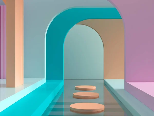 3d render. Abstract cosmetic background. Show a product. Empty scene with arches, water and spherical lights  in the floor. Pastel colors minimal wall. Fashion showcase, display case, shopfront.