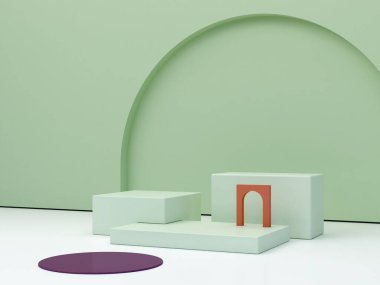 3 boyutlu görüntüleme. Ürünü göstermek için en düşük podyum. Soyut kozmetik arka plan. Geometrik formlu boş bir sahne. Yeşil pastel ve okher renkleri. Asgari duvar. Moda gösterisi, vitrin, dükkan önü.. 