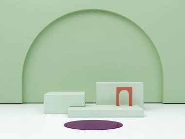 3 boyutlu görüntüleme. Ürünü göstermek için en düşük podyum. Soyut kozmetik arka plan. Geometrik formlu boş bir sahne. Yeşil pastel ve okher renkleri. Asgari duvar. Moda gösterisi, vitrin, dükkan önü.. 
