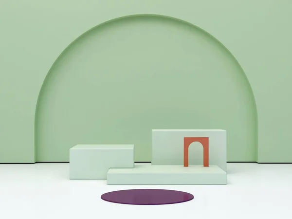 3d render. Minimal podium to show a product. Abstract cosmetic background. Empty scene with geometrical forms . Green pastel and ocher colors. Minimal wall. Fashion showcase, display case, shopfront.