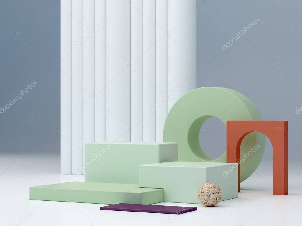 3d render. Minimal podium to show a product. Abstract cosmetic background. Empty scene with geometrical forms . Green pastel and ocher colors. Minimal wall. Fashion showcase, display case, shopfront. 