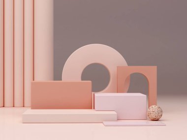 Geometrik formlarla soyut asgari sahne. Krem rengi podyumlar. Soyut arkaplan. Kozmetik kapsülleri göstermek için sahne. Vitrin, vitrin, vitrin. 3d hazırlayıcı.