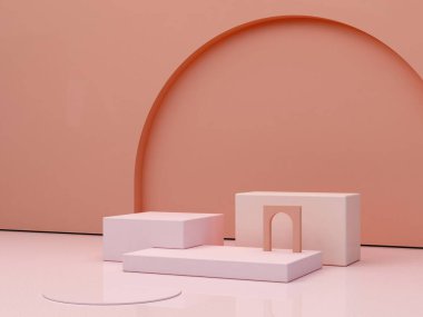 Geometrik formlarla soyut asgari sahne. Krem rengi podyumlar. Soyut arkaplan. Kozmetik kapsülleri göstermek için sahne. Vitrin, vitrin, vitrin. 3d hazırlayıcı.