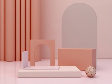 Geometrik formlarla soyut asgari sahne. Krem rengi podyumlar. Soyut arkaplan. Kozmetik kapsülleri göstermek için sahne. Vitrin, vitrin, vitrin. 3d hazırlayıcı.