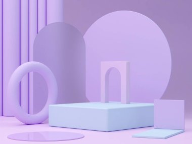 Minimal scene with podium and abstract background. Geometric shapes. Pastel colors scene. Minimal 3d rendering. Scene with geometrical forms, violet and blue forms for cosmetic product. 3d render. 