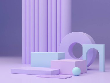 Minimal scene with podium and abstract background. Geometric shapes. Pastel colors scene. Minimal 3d rendering. Scene with geometrical forms, violet and blue forms for cosmetic product. 3d render. 