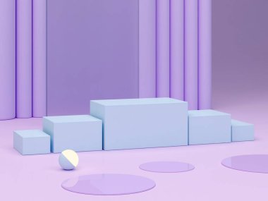 Minimal scene with podium and abstract background. Geometric shapes. Pastel colors scene. Minimal 3d rendering. Scene with geometrical forms, violet and blue forms for cosmetic product. 3d render. 