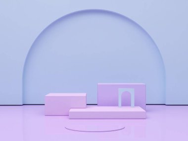 Minimal scene with podium and abstract background. Geometric shapes. Pastel colors scene. Minimal 3d rendering. Scene with geometrical forms, violet and blue forms for cosmetic product. 3d render. 