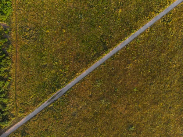 Aerial Top Blick Auf Langen Weg Zwischen Den Feldern Sonnigen — Stockfoto