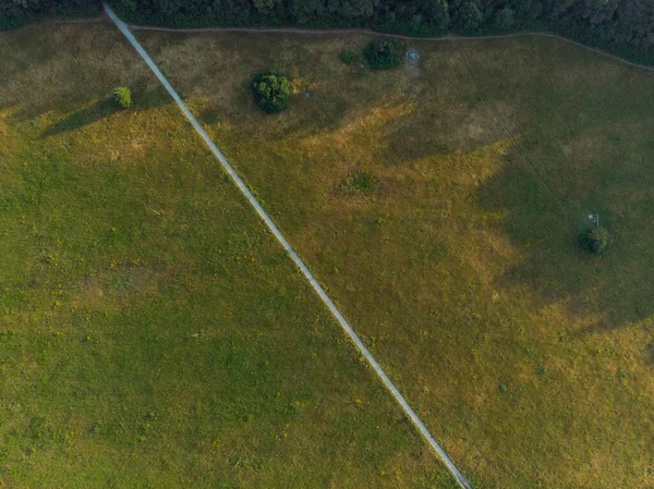 Aerial Top Blick Auf Langen Weg Zwischen Den Feldern Sonnigen — Stockfoto