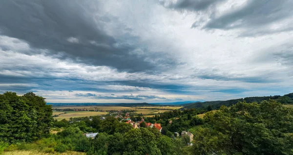 Panoramic View Small Village Mountains Fields — Stock Photo, Image