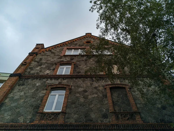 Vue Vers Haut Vieille Maison Pierre Brique Avec Cadre Fenêtre — Photo