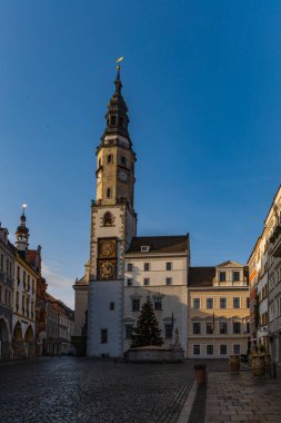 Zgorzelec Gorlitz 27 Ocak 2020 Saat Kulesi eski belediye binasının önünde Noel ağacı ile
