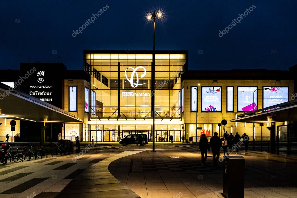 Poznan February 14 2020 Facade of Posnania shopping mall at night