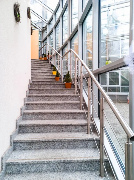 Lodz Poland February 2020 Stairs Cafe Building Glassy Wall — Stock Photo, Image