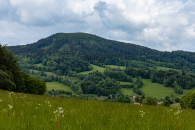 Yeşil tarlaların ve Rudawy Janowickie dağlarının güzel manzarası