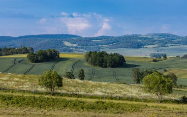 Yeşil tarlaların ve Rudawy Janowickie dağlarının güzel manzarası