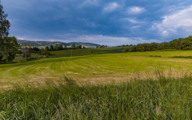 Yeşil tarlaların ve Rudawy Janowickie dağlarının güzel manzarası