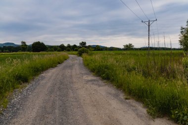 Kaczawskie dağlarında çalılar ve tarlalar olan uzun bir yol.
