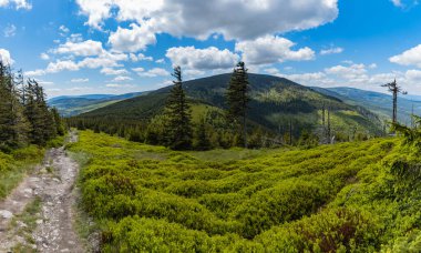 Karkonosze Devasa Dağları etrafını sararsa panorama ile uzun dağ yolu