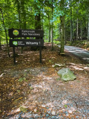 Dev Dağlar, Polonya - 23 Haziran 2020 Krkonose Ulusal Parkı girişinde büyük ahşap tahtalar 