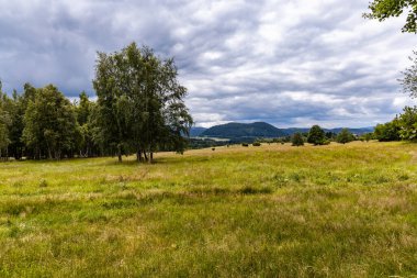 Walbrzych dağlarındaki dağ patikasının yanındaki büyük tepeler ve tarlalar