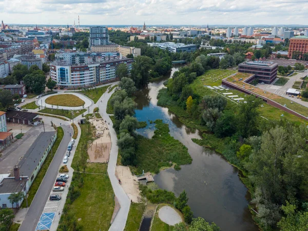 Wroclaw Polen Juli 2020 Flygdrönare Till Floden Bredvid Municipal Water — Stockfoto
