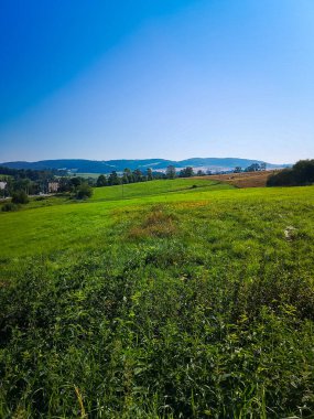 Yeşil ve sarı tarlalar küçük tepeler ve mavi gökyüzü