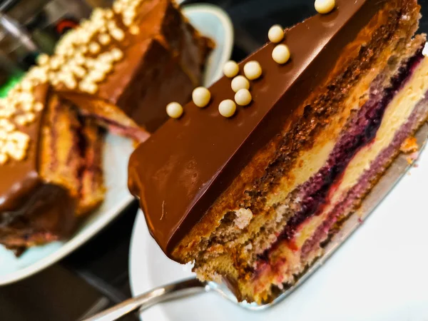 Кусок Каштанового Шоколадного Торта Фруктовыми Сливками Маленькими Шоколадными Шариками — стоковое фото