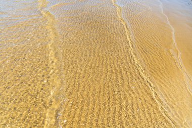 Baltık Denizi 'nin sakin kıyılarında berrak, sığ sularda görülen karmaşık kum dalgaları soyut desenler oluşturur.