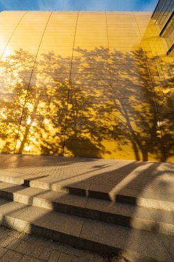 Wroclaw, Polonya - 29 Eylül 2024: Wroclaw 'daki Ulusal Müzik Forumu' nun altın duvarları, parlak güneşli bir gökyüzü altında çarpıcı ağaç gölgeleriyle süslenmiştir.