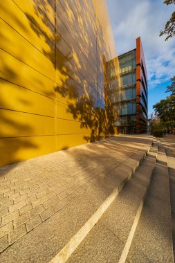 Wroclaw, Polonya - 29 Eylül 2024: Wroclaw 'daki Ulusal Müzik Forumu' nun altın duvarları, parlak güneşli bir gökyüzü altında çarpıcı ağaç gölgeleriyle süslenmiştir.