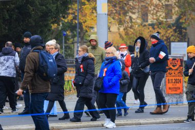 Wroclaw, Polonya - 11 Kasım 2024: Wroclaw 'da Neşeli Bağımsızlık Günü Yürüyüşü, Polonya Bayrakları, Öğrencileri ve 11 Kasım' ı Kutlayan Ailelerle Vatanseverlik Yürüyüşü