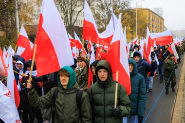 Wroclaw, Polonya - 11 Kasım 2024: Wroclaw 'da Neşeli Bağımsızlık Günü Yürüyüşü, Polonya Bayrakları, Öğrencileri ve 11 Kasım' ı Kutlayan Ailelerle Vatanseverlik Yürüyüşü