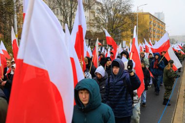 Wroclaw, Polonya - 11 Kasım 2024: Wroclaw 'da Neşeli Bağımsızlık Günü Yürüyüşü, Polonya Bayrakları, Öğrencileri ve 11 Kasım' ı Kutlayan Ailelerle Vatanseverlik Yürüyüşü