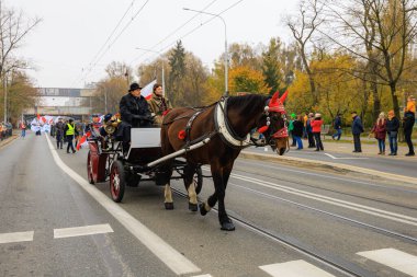 Wroclaw, Polonya - 11 Kasım 2024: Wroclaw 'da Neşeli Bağımsızlık Günü Yürüyüşü, Polonya Bayrakları, Öğrencileri ve 11 Kasım' ı Kutlayan Ailelerle Vatanseverlik Yürüyüşü