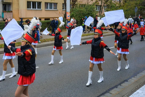 Wroclaw, Polonya - 11 Kasım 2024: Wroclaw 'da Neşeli Bağımsızlık Günü Yürüyüşü, Polonya Bayrakları, Öğrencileri ve 11 Kasım' ı Kutlayan Ailelerle Vatanseverlik Yürüyüşü