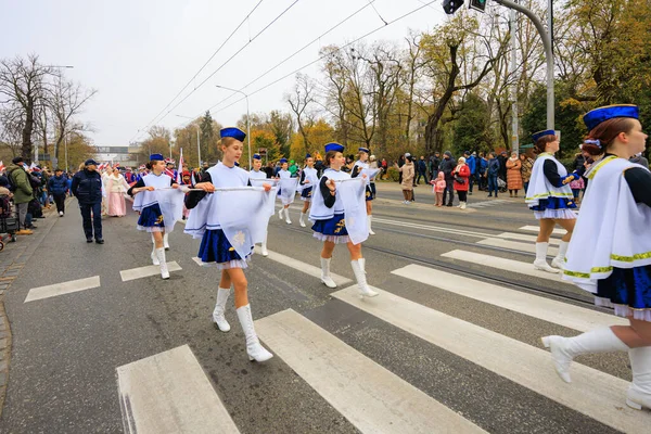 Wroclaw, Polonya - 11 Kasım 2024: Wroclaw 'da Neşeli Bağımsızlık Günü Yürüyüşü, Polonya Bayrakları, Öğrencileri ve 11 Kasım' ı Kutlayan Ailelerle Vatanseverlik Yürüyüşü