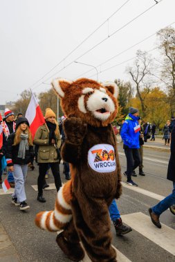 Wroclaw, Polonya - 11 Kasım 2024: Wroclaw 'da Neşeli Bağımsızlık Günü Yürüyüşü, Polonya Bayrakları, Öğrencileri ve 11 Kasım' ı Kutlayan Ailelerle Vatanseverlik Yürüyüşü