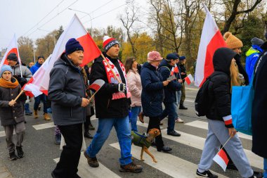 Wroclaw, Polonya - 11 Kasım 2024: Wroclaw 'da Neşeli Bağımsızlık Günü Yürüyüşü, Polonya Bayrakları, Öğrencileri ve 11 Kasım' ı Kutlayan Ailelerle Vatanseverlik Yürüyüşü