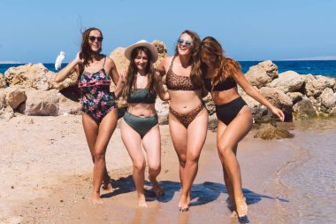 Sahilde gezinen bir grup güzel genç kadın. Arkadaşlar sahilde yürüyor ve bir yaz günü gülüyorlar..