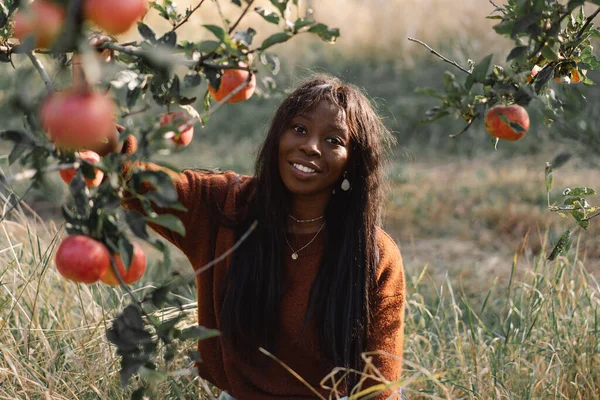 Retrato de mujer afro en Apple Orchard. Etnia africana. Estilo de vida — Foto de Stock