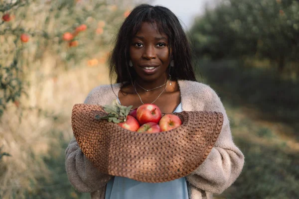 Mujer afro en Apple Orchard. Etnia africana. Estilo de vida — Foto de Stock